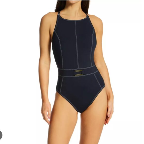 New! Blue Rod Beattie A Fine Line Belted Cross Back One‎ Piece Swimsuit - Picture 1 of 7